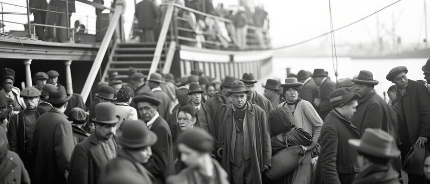 Evocative historical photograph capturing the somber mood of a crowd during early 20th-century migration