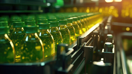 Fototapeta premium Production of natural juices in bottles on the factory juice conveyor