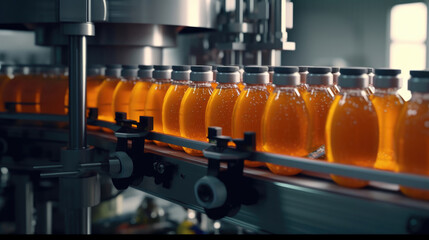 Production of natural juices in bottles on the factory juice conveyor