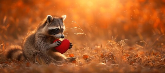 Cute raccoon presenting heart shaped gift on magical defocused background   valentine s day concept