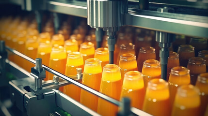 Production of natural juices in bottles on the factory juice conveyor