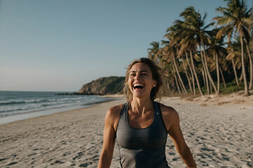 Fit and happy: Portrait of a happy young woman smiling while standing on the beach at sunrise.