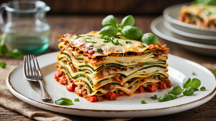 Visual appeal of a zucchini lasagna plated on a traditional dish placed on a rustic wooden table with vibrant colors, textures, and presentation that make it an enticing and appetizing meal