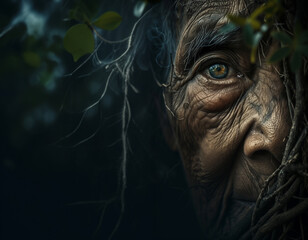 an old witch in a dark forest