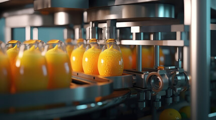 Production of natural juices in bottles on the factory juice conveyor