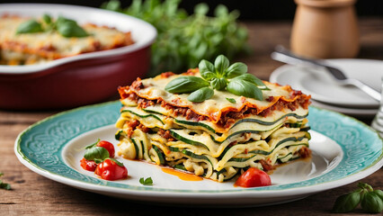 Visual appeal of a zucchini lasagna plated on a traditional dish placed on a rustic wooden table with vibrant colors, textures, and presentation that make it an enticing and appetizing meal