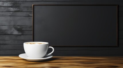 Obraz premium White cup of coffee sits on a wooden table, next to a blackboard.
