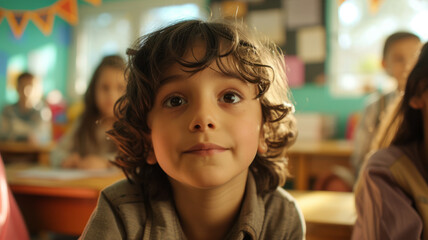Portrait of a boy at school at his desk.
