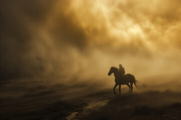 a man on a horse running from a dust storm  - obrazy, fototapety, plakaty