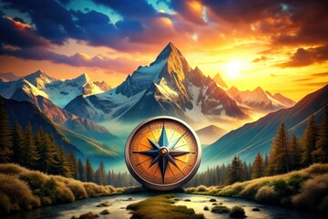 Compass Displayed Against a Mountain Range Background - obrazy, fototapety, plakaty