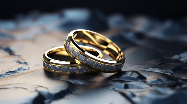Close-up of elegant gold wedding two rings on luxurious dark marble background with bokeh, banner