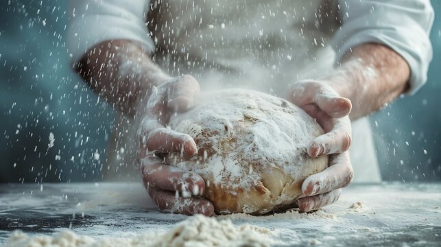 Generative AI : Man baking bread. Sprinkling some flour on dough. Hands kneading dough.