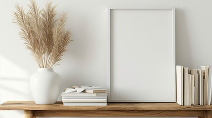 Generative AI : Horizontal white frame mockup on vintage wooden bench, table. Modern white ceramic vase with dry Lagurus ovatus grass and books. White wall background. Scandinavian interior. Selective