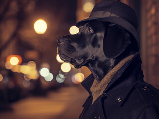 Strict dog detective on the evening city street.