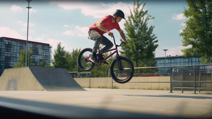 Teenage bmx BMX rider in action at skatepark