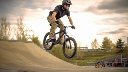 Obraz premium Teenage bmx BMX rider in action at skatepark
