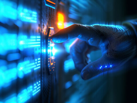 Close-up of a hand in the light of a biometric scanner.