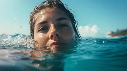 Photo sur Plexiglas Bora Bora, Polynésie française Generative AI : Portrait of young woman enjoying and relaxing in clean transparent ocean water.
