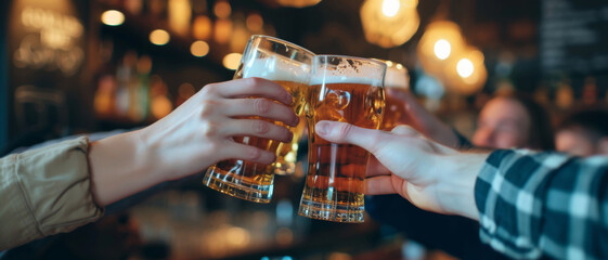 Friends toasting with beer in a pub, celebrating togetherness and good times - obrazy, fototapety, plakaty
