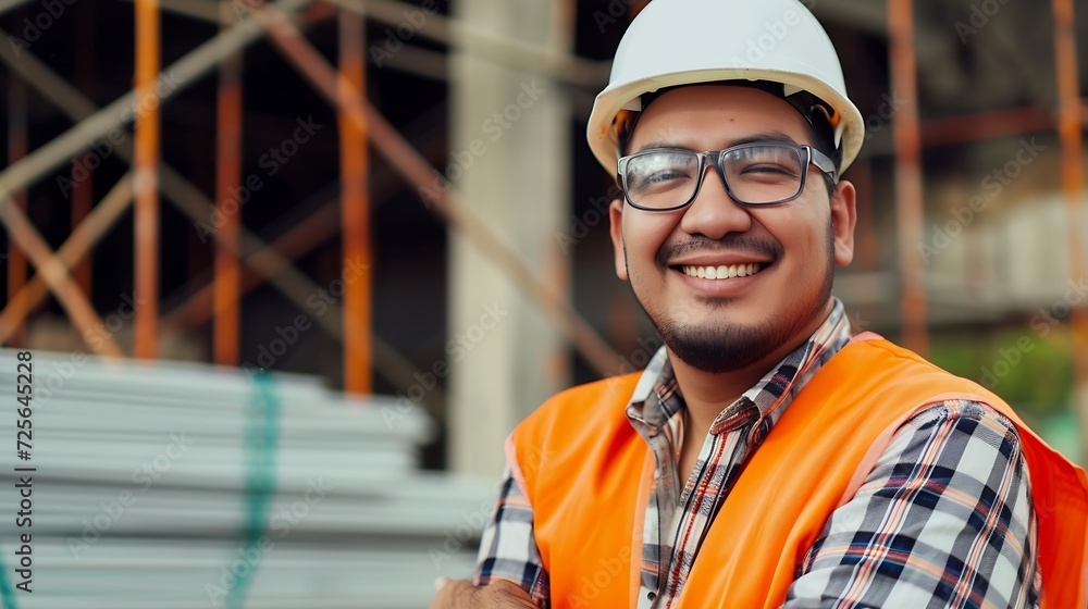 Poster generative ai : civil engineer hispanic smiling with constuction backgrounds, use for banner cover.