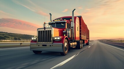 Generative AI : American style truck on freeway pulling load. Transportation theme. Road cars theme. - obrazy, fototapety, plakaty
