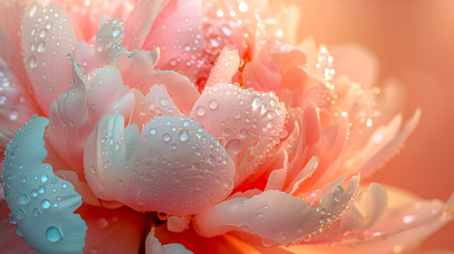 Big peach fuzz peony with raindrops shimmer. Pastel petals with dewy radiance. Soft floral background in peach colors with morning dew glow, ethereal peony flower close up