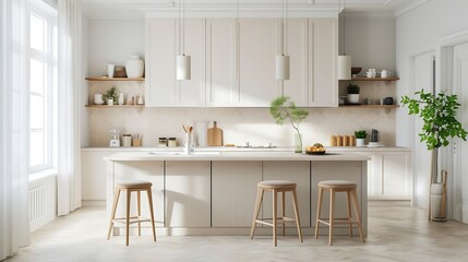 Generative AI : classic minimalist kitchen in white and beige colors - obrazy, fototapety, plakaty