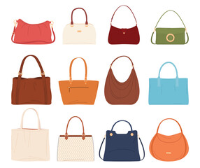 Set of different stylish woman handbag. Fashionable leather accessories. Vector illustration