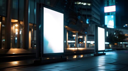 Generative AI : Mock up of two vertical lightboxes in city space at night