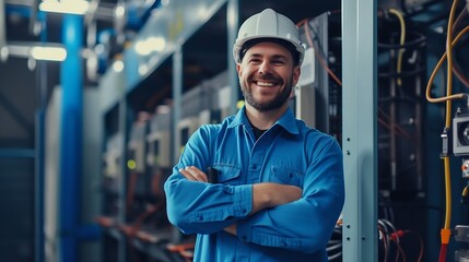 Generative AI : Portrait, happy man and engineering technician in control room, inspection service or industry maintenance. 