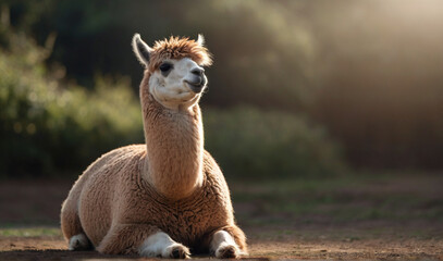 Calm looking alpaca or llama wearing simple clothes, sitting on ground in lotus like position. Zen meditation concept. Banner with space for text at side. Generative AI 