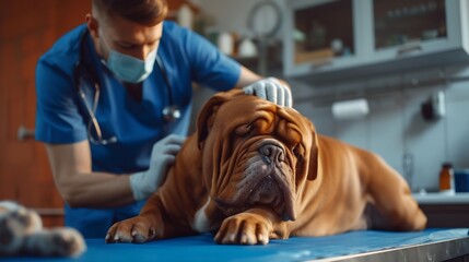 Generative AI : Young man veterinarian examining dog on table in veterinary clinic. Medicine, pet, animals, health care and people concept. 