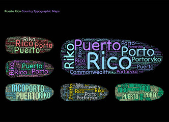 Puerto Rico. Set of typography style country illustrations. Puerto Rico map shape built of horizontal and vertical country names. Vector illustration.