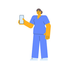 Nurse holding mobile phone and smiles