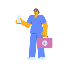 Nurse holding mobile phone and holding suitcase