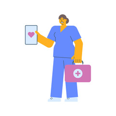 Nurse holding tablet with picture heart and holding suitcase