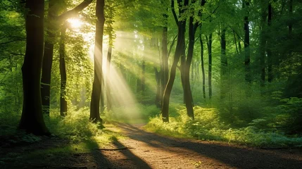 Foto op Plexiglas Forest landscape, Beautiful sunlight in green forest © Anak