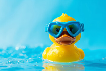 Rubber duck with mask Yellow rubber duck swimming in the water. Top view of a floating toy rubber duck on a blue background. playful entertainment for children