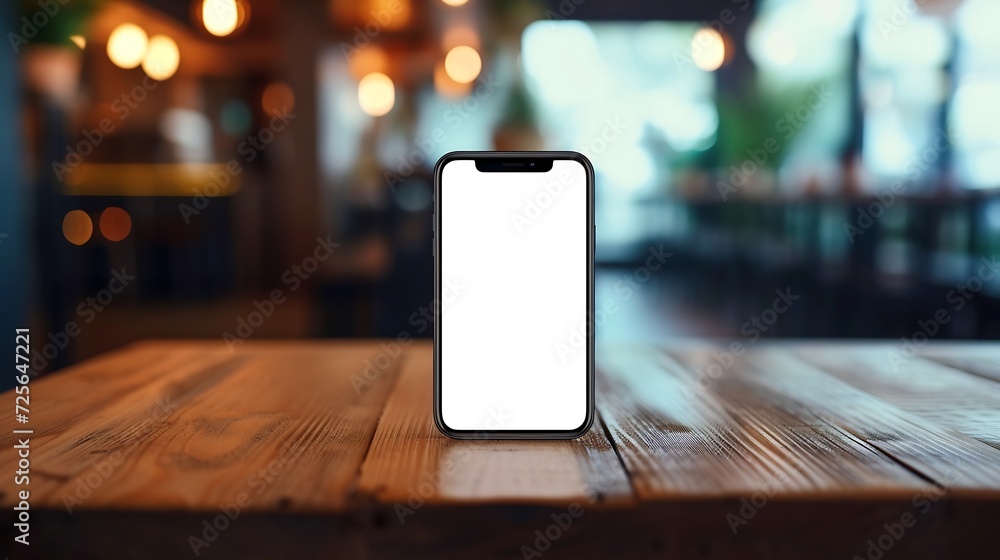 Poster Generative AI : Smartphone with white screen On Wooden Table With Copyspace