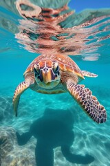 Close-up of a brown turtle embraced by striking and vivid hues in the background, vertical