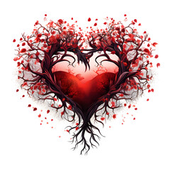 A heart-shaped wonder unfolds, crimson leaves and earthy roots entwined against a boundless sky. .