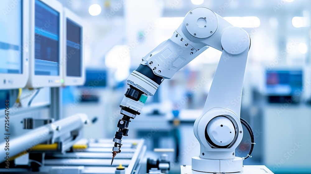 Poster machine powered robot arm on modern production line with blurred background and copy space