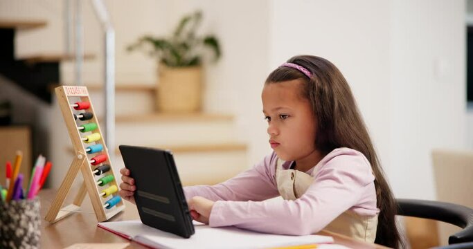 Math, girl or child with tablet for elearning, info or studying for support, help or remote education. Growth development, teaching or kid typing on technology in virtual or online class for homework