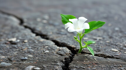 delicate white flower emerges through a crack in dark asphalt, symbolizing resilience and the power of life