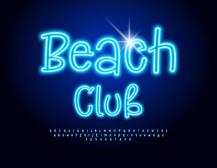 Vector Neon icon Beach Club. Blue Glowing Font. Trendy Electric Alphabet Letters and Numbers set.