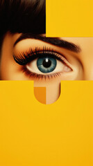 Close up of beautiful woman eye looking through hole in yellow paper .