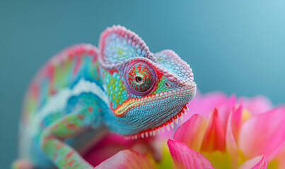 Close up of Beautiful Chameleon on the flower.