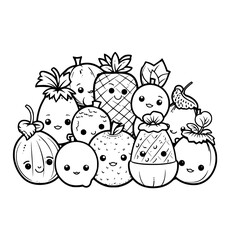 Set of funny fruits illustration coloring page - coloring book ffor kids