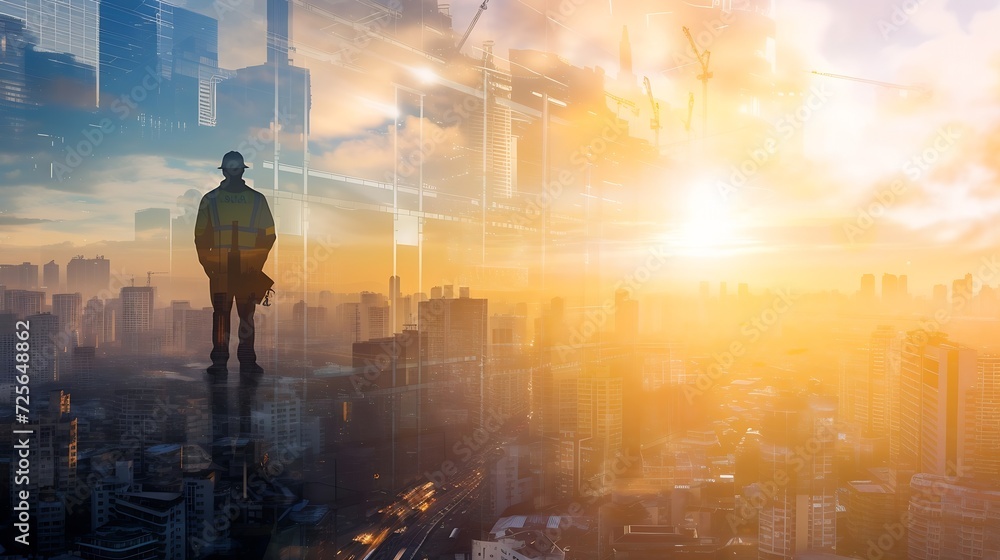 Poster generative ai : the double exposure image of the engineer standing back during sunrise overlay with 