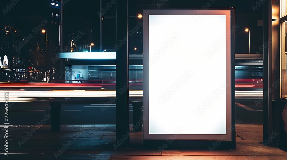Poster Generative AI : Blank white mock up of vertical light box in a bus stop at night